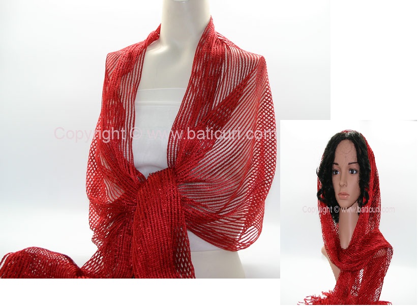 New Oblong Polyester Mesh Metallic Scarf-Red